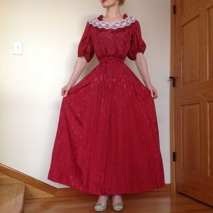 VINTAGE burgundy long ball dress puff sleeves EUC